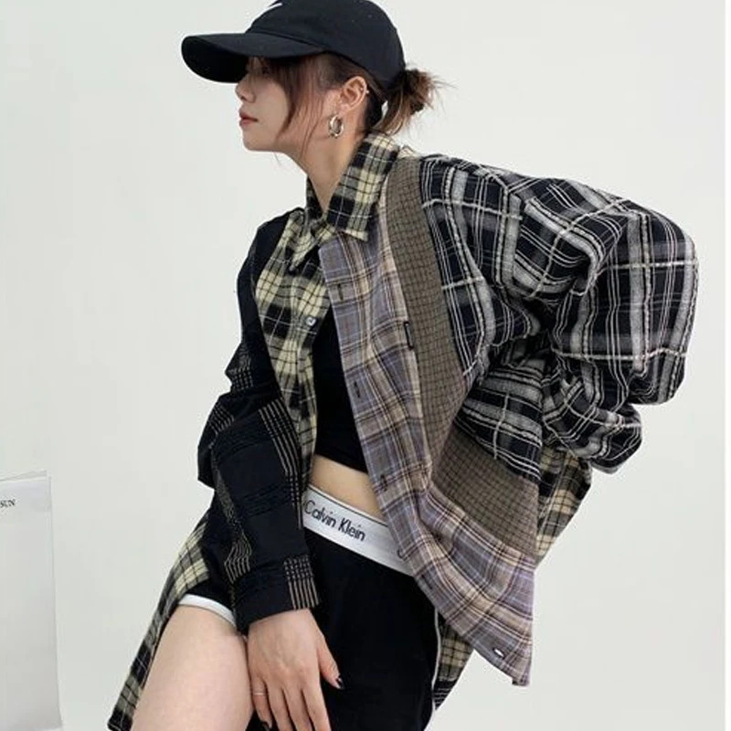 Street Fashion Jacket - American High Street Plaid Shir Women