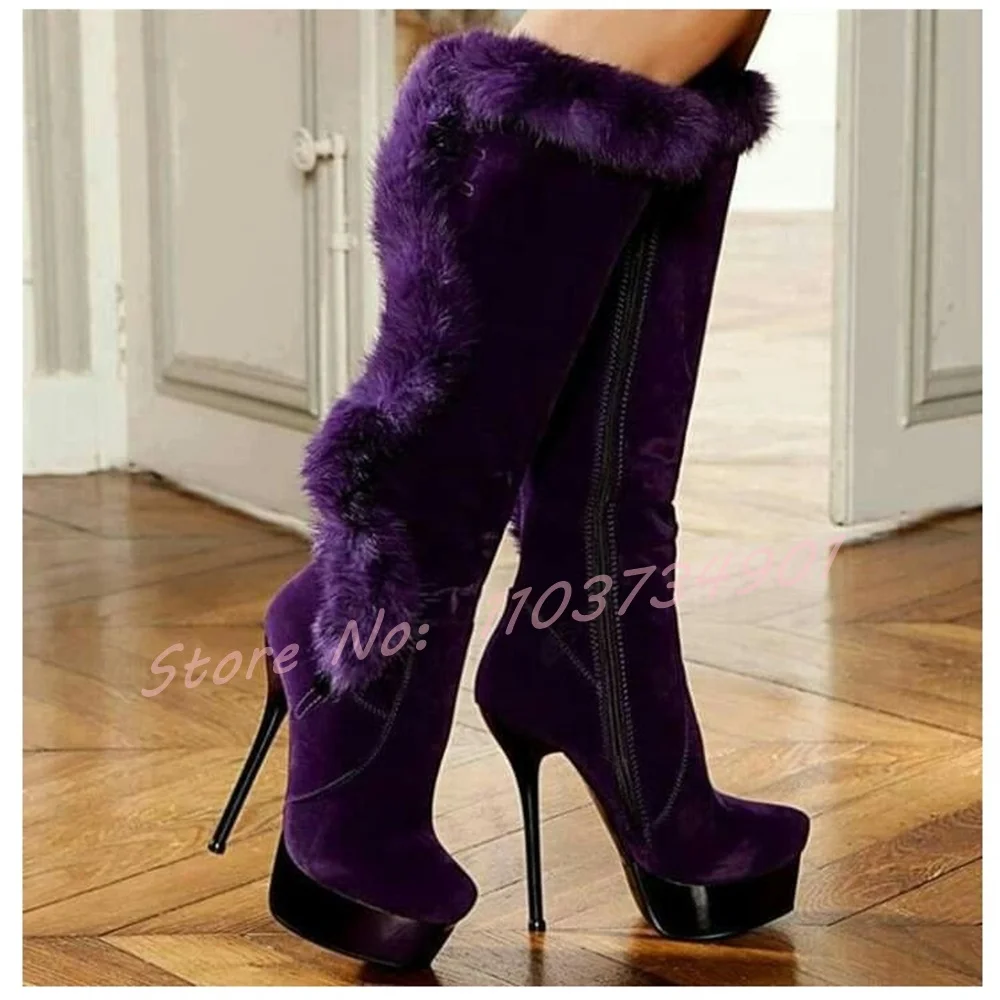 Furry Metal Heel Platform Knee - Street Fashion Ladies 评论和价格